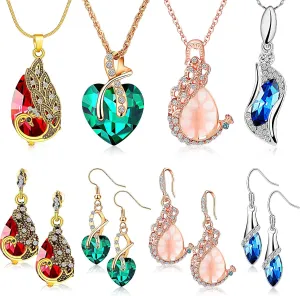 MTLEE 4 Set Peacock Jewelry for Women Crystal Necklace Earrings Rhinestone Waterdrop Pendant Heart Charm Hook Earrings Indian Jewelry Set for Mother's Day Valentine's Day Gifts Lover Ladies Birthday