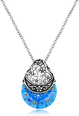 Murano Style Millefiori Glass Necklace for Women Vintage Daisy Flower Stainless Steel Colorful Flower Pendant Necklace Unique Mothers Day Gifts for Women