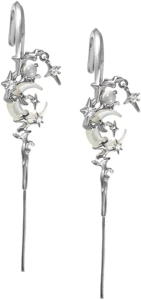 MYTH OF THE MOON Ear Hook Needle Piercing Earrin, 2Pcs Creative Star Moon Ear Hook Earrings S925 Sterling Silver Cubic Zirconia Hypoallergenic Punk Edgy Pin Hook Ear Cuff