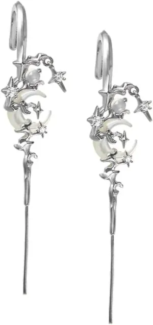 MYTH OF THE MOON Ear Hook Needle Piercing Earrin, 2Pcs Creative Star Moon Ear Hook Earrings S925 Sterling Silver Cubic Zirconia Hypoallergenic Punk Edgy Pin Hook Ear Cuff