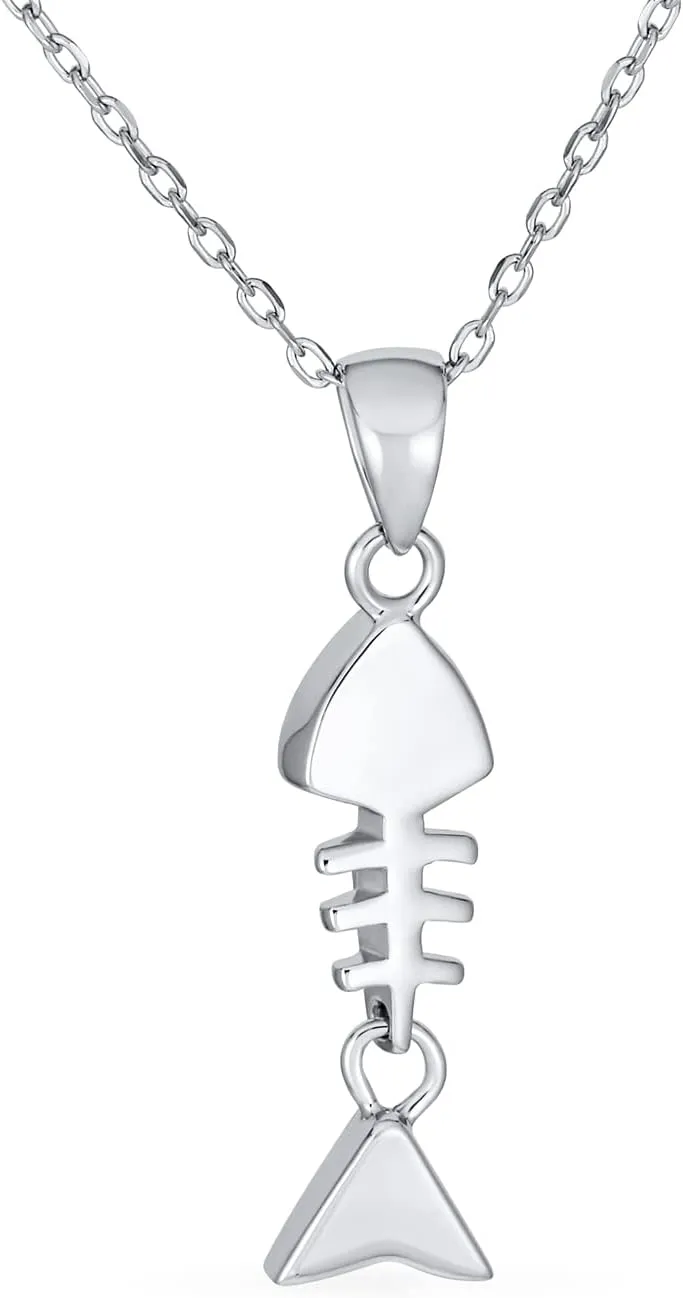 Nautical CZ Gemstone Blue Tropical Vacation Created Opal Beach Sea Fish Dangle Skeleton Fishbone Stud Earring Necklace Pendant For Women Teen .925 Sterling Silver