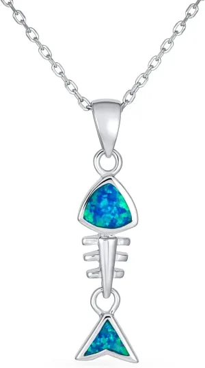 Nautical CZ Gemstone Blue Tropical Vacation Created Opal Beach Sea Fish Dangle Skeleton Fishbone Stud Earring Necklace Pendant For Women Teen .925 Sterling Silver