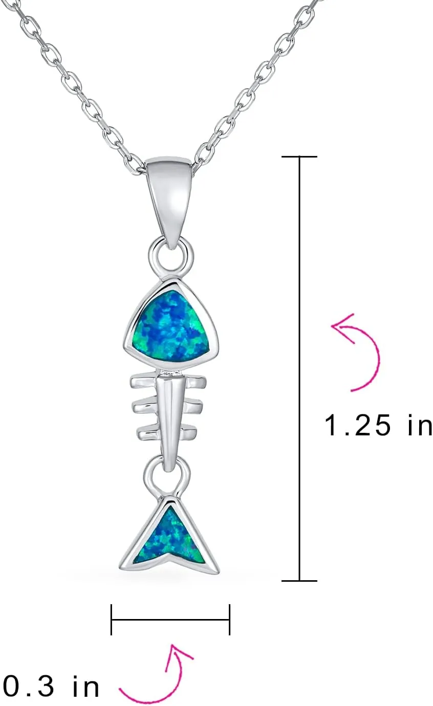 Nautical CZ Gemstone Blue Tropical Vacation Created Opal Beach Sea Fish Dangle Skeleton Fishbone Stud Earring Necklace Pendant For Women Teen .925 Sterling Silver
