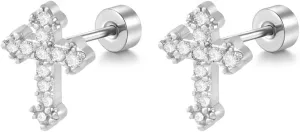 NewZenro 20g Cross CZ Flat Screw Back Small Stud Earrings for Women Men Minimalist Surgical Stainless Steel Tiny Cartilage Piercing Sleeper Studs Hypoallergenic