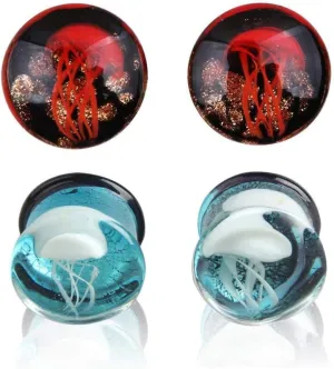 NewZenro Glass Ocean Jellyfish Color Ear Plugs Gauges Tunnel Expanders Stretcher Unique Earrings Double Flared Piercings Body Jewelry Blue Red Set