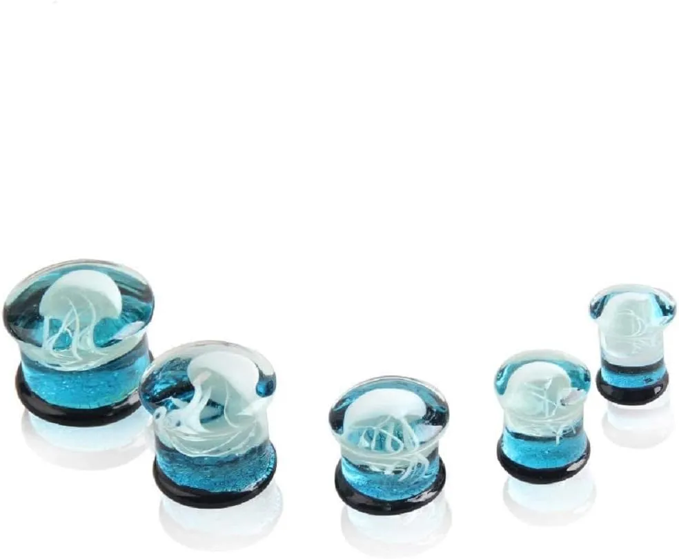 NewZenro Glass Ocean Jellyfish Color Ear Plugs Gauges Tunnel Expanders Stretcher Unique Earrings Double Flared Piercings Body Jewelry Blue Red Set