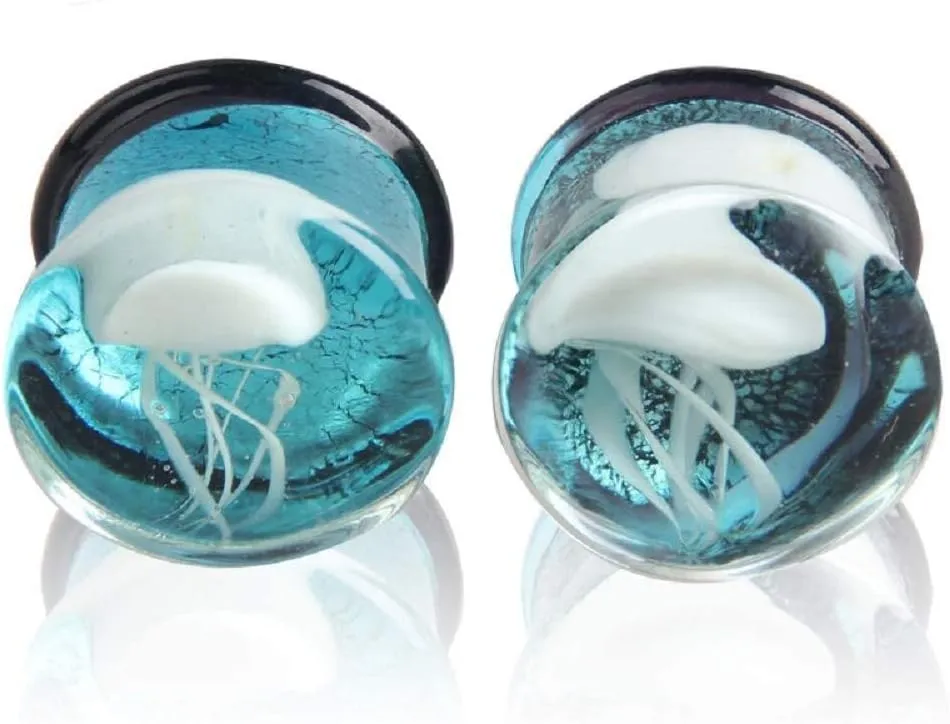 NewZenro Glass Ocean Jellyfish Color Ear Plugs Gauges Tunnel Expanders Stretcher Unique Earrings Double Flared Piercings Body Jewelry Blue Red Set
