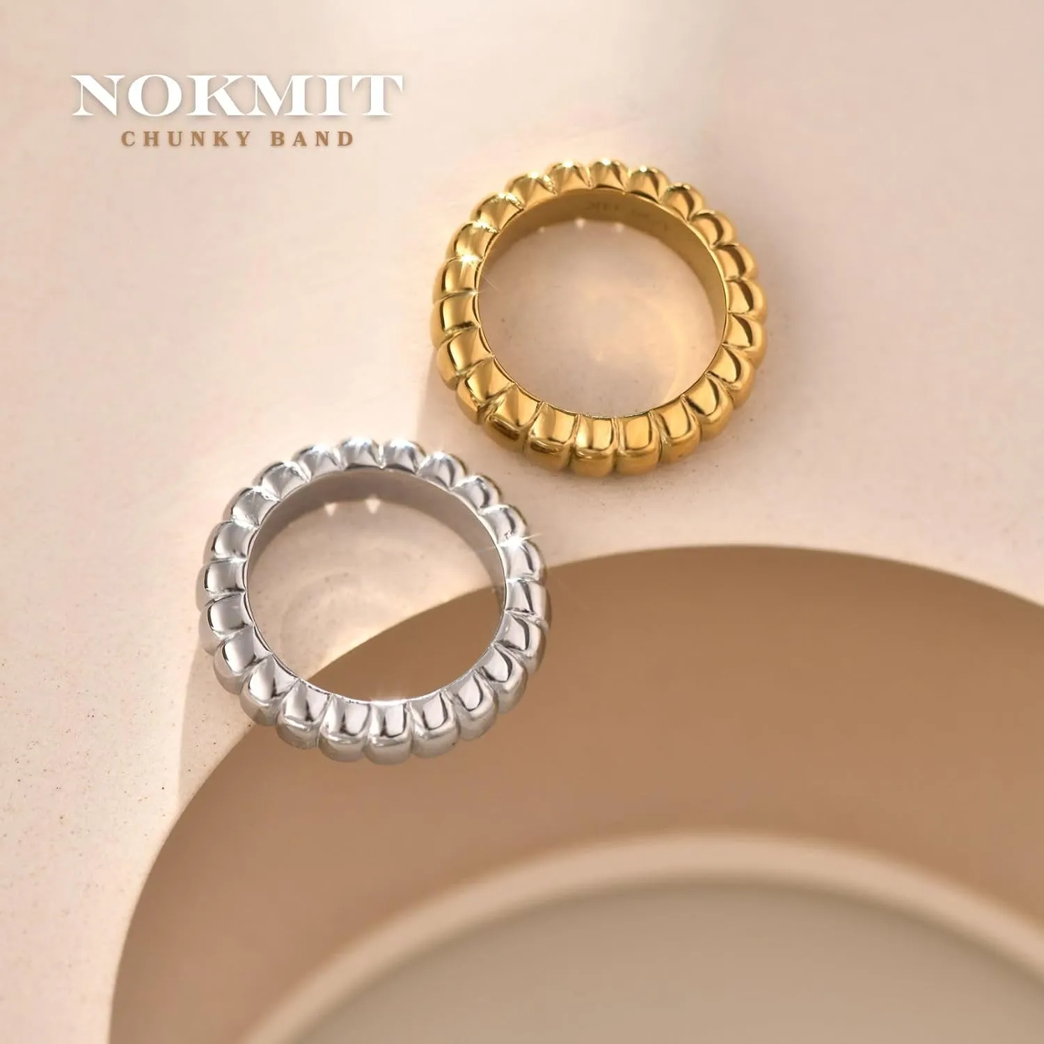 NOKMIT Chunky Gold Statement Rings for Women 14K Gold Silver Tone Cute Puffy Dome Croissant Thumb Band High Polished Smooth Comfort Fit Size 5-10