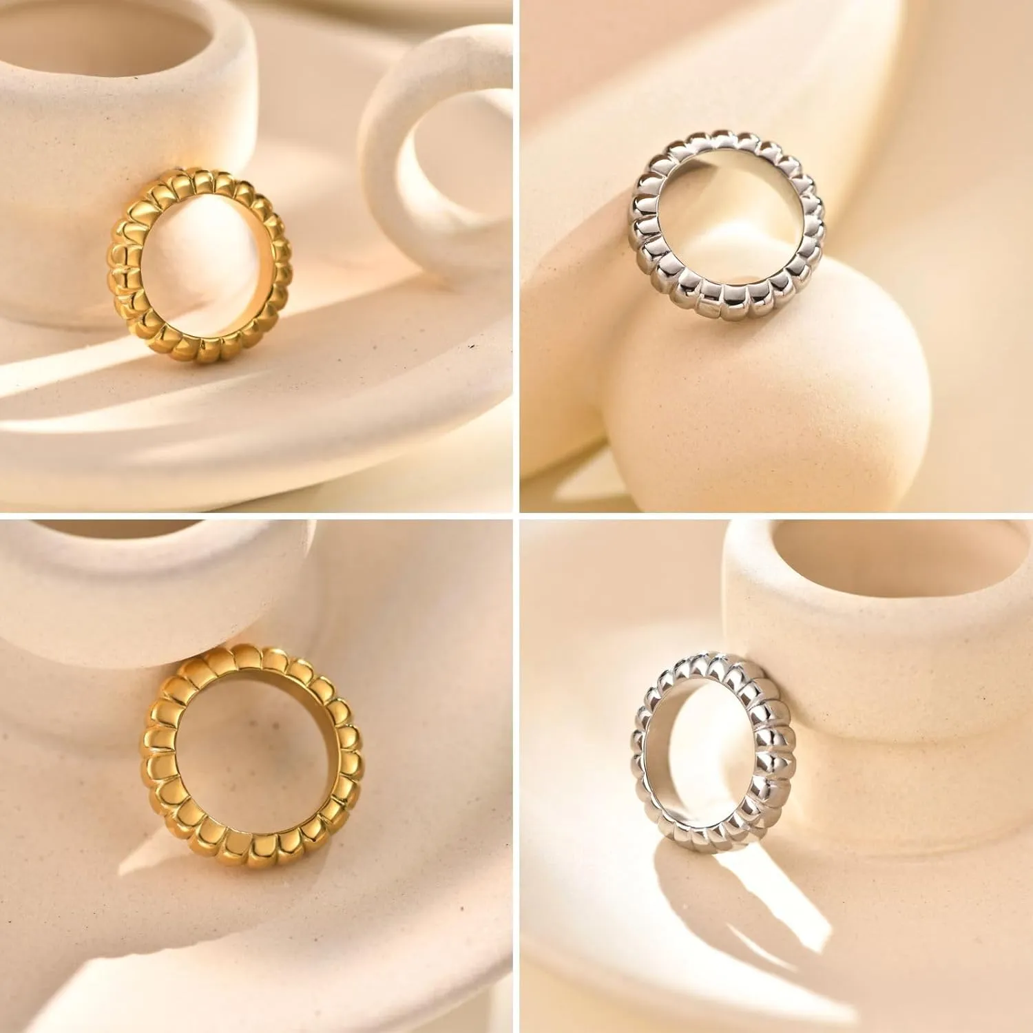 NOKMIT Chunky Gold Statement Rings for Women 14K Gold Silver Tone Cute Puffy Dome Croissant Thumb Band High Polished Smooth Comfort Fit Size 5-10
