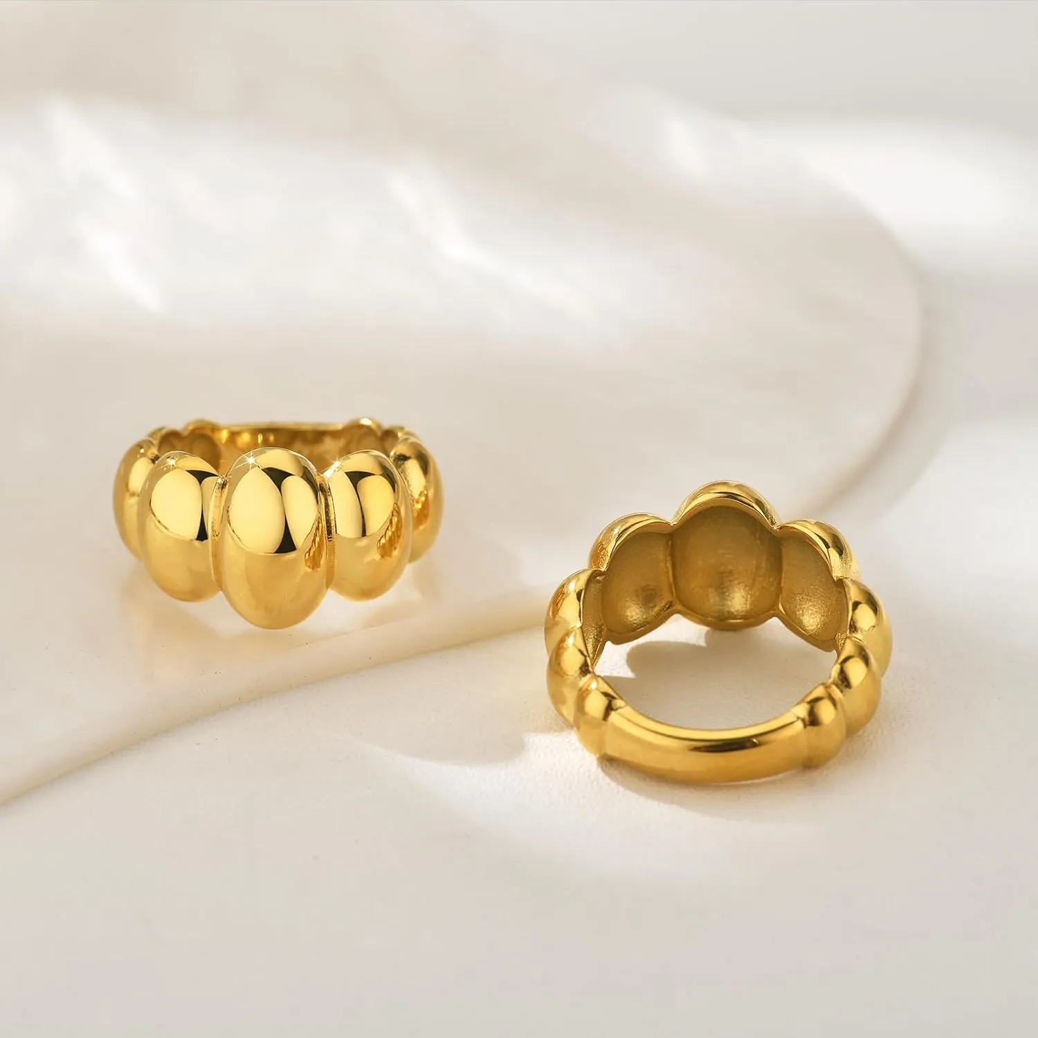 NOKMIT Gold Chunky Dome Rings for Women Cute Puffy Statement Band Bold Gold Silver Tone Croissant Ring High Polished Smooth Comfort Fit Size 5-10