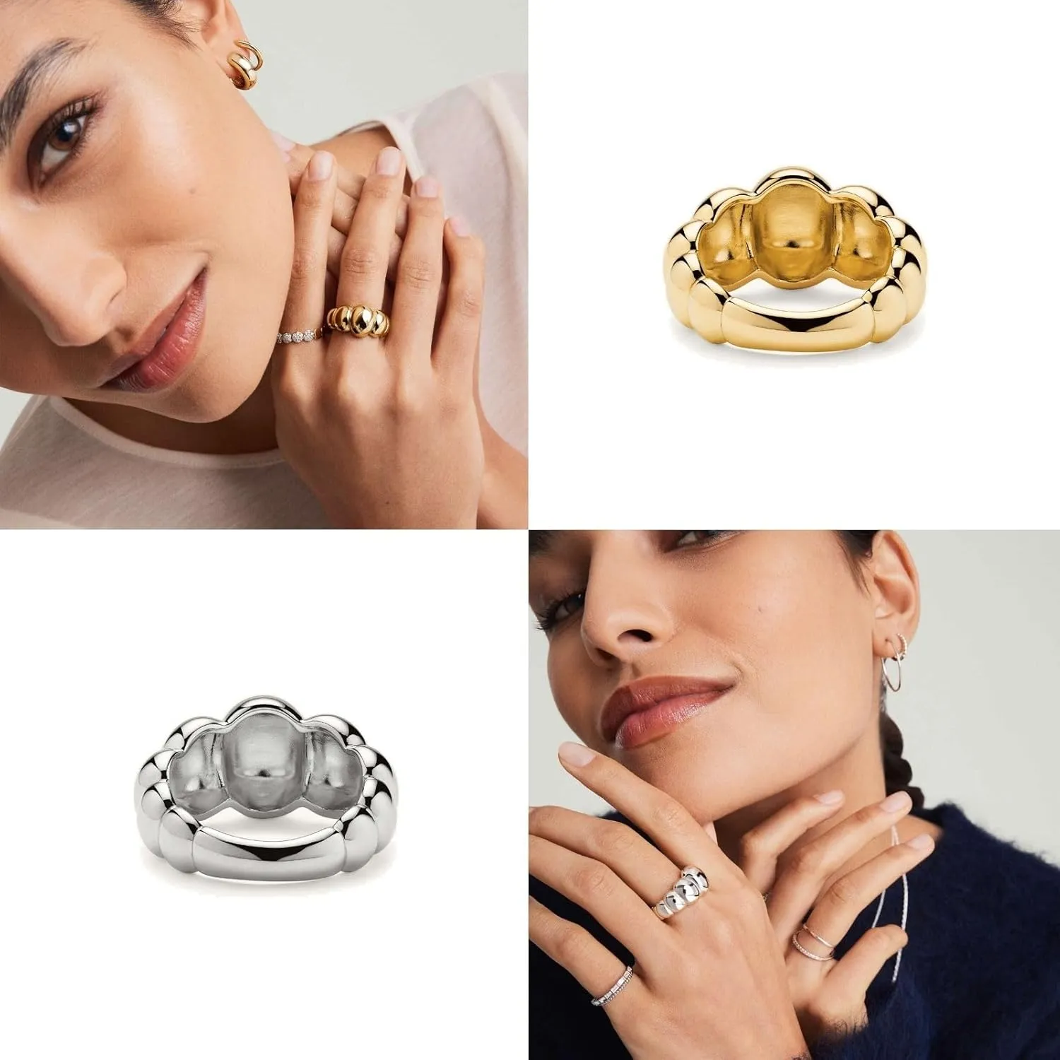 NOKMIT Gold Chunky Dome Rings for Women Cute Puffy Statement Band Bold Gold Silver Tone Croissant Ring High Polished Smooth Comfort Fit Size 5-10