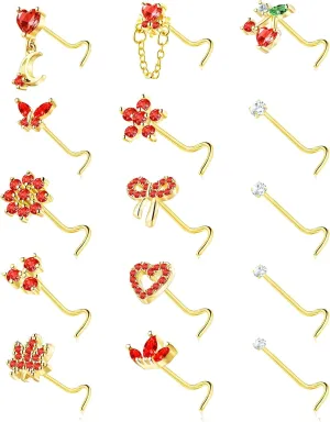 Nose Rings Corkscrew for Women Nose Piercings 20G Surgical Stainless Steel Gold Nose Studs Pink Red CZ Heart Butterfly Flower Cherry Bow Moon Dangle Nose Piercing Jewelry