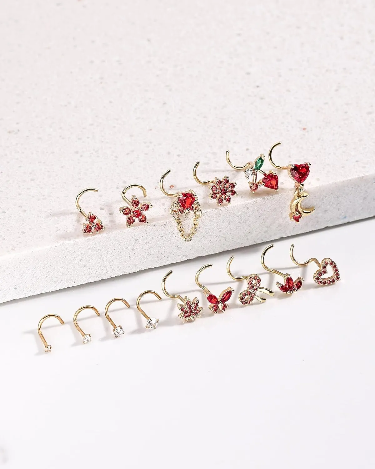Nose Rings Corkscrew for Women Nose Piercings 20G Surgical Stainless Steel Gold Nose Studs Pink Red CZ Heart Butterfly Flower Cherry Bow Moon Dangle Nose Piercing Jewelry