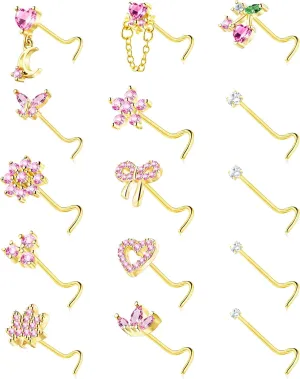 Nose Rings Corkscrew for Women Nose Piercings 20G Surgical Stainless Steel Gold Nose Studs Pink Red CZ Heart Butterfly Flower Cherry Bow Moon Dangle Nose Piercing Jewelry
