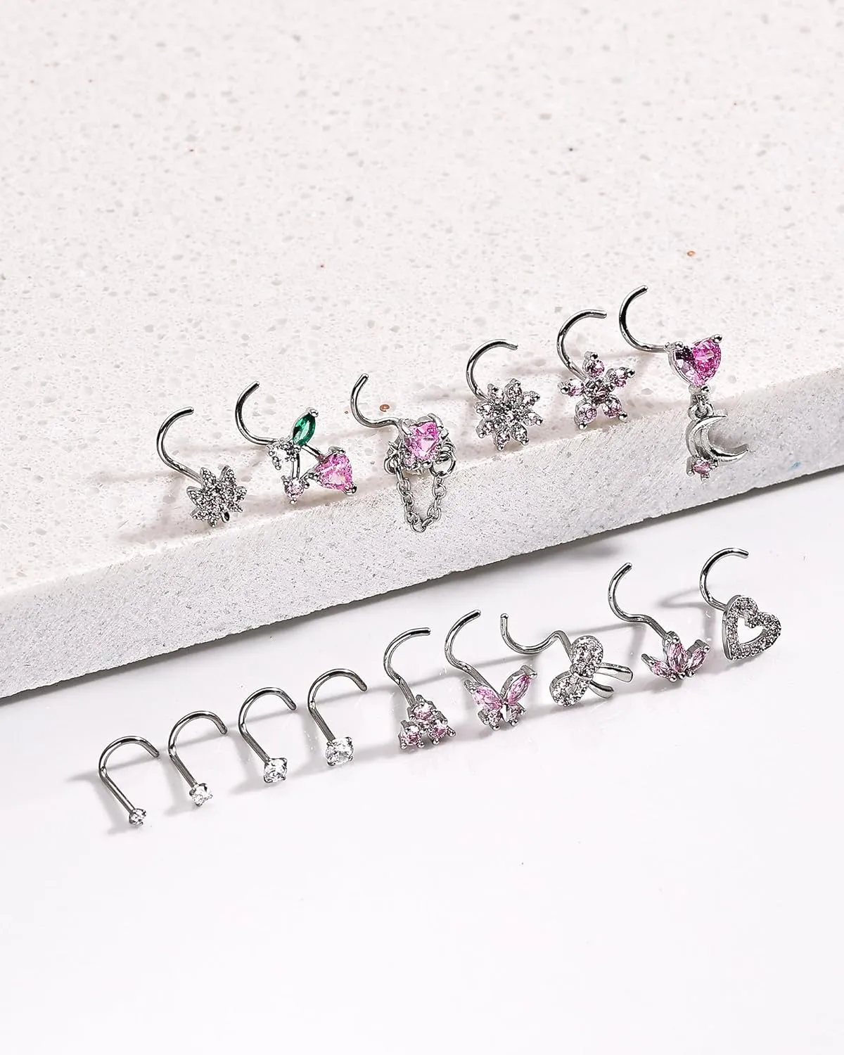Nose Rings Corkscrew for Women Nose Piercings 20G Surgical Stainless Steel Gold Nose Studs Pink Red CZ Heart Butterfly Flower Cherry Bow Moon Dangle Nose Piercing Jewelry