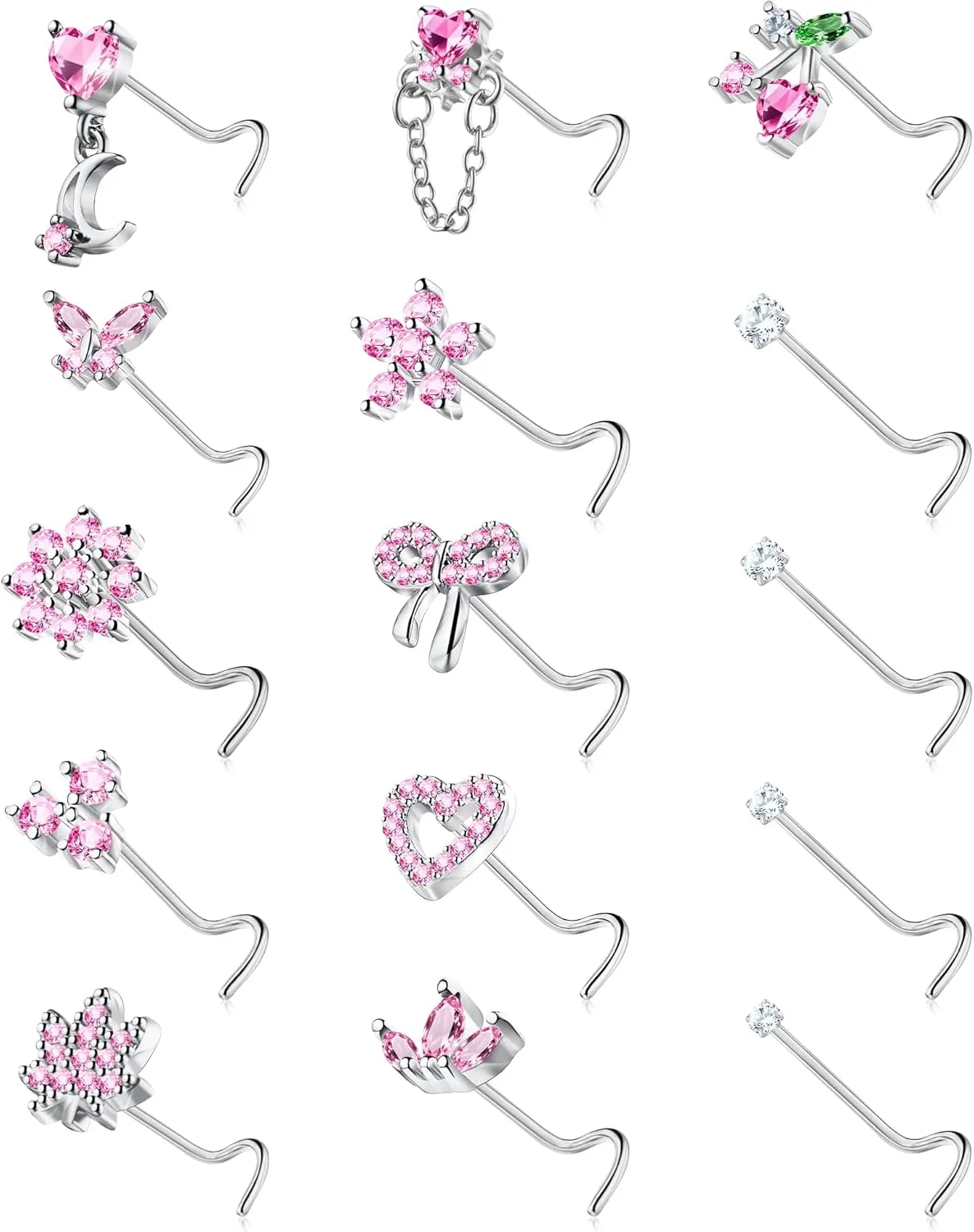 Nose Rings Corkscrew for Women Nose Piercings 20G Surgical Stainless Steel Gold Nose Studs Pink Red CZ Heart Butterfly Flower Cherry Bow Moon Dangle Nose Piercing Jewelry