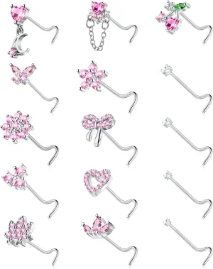 Nose Rings Corkscrew for Women Nose Piercings 20G Surgical Stainless Steel Gold Nose Studs Pink Red CZ Heart Butterfly Flower Cherry Bow Moon Dangle Nose Piercing Jewelry