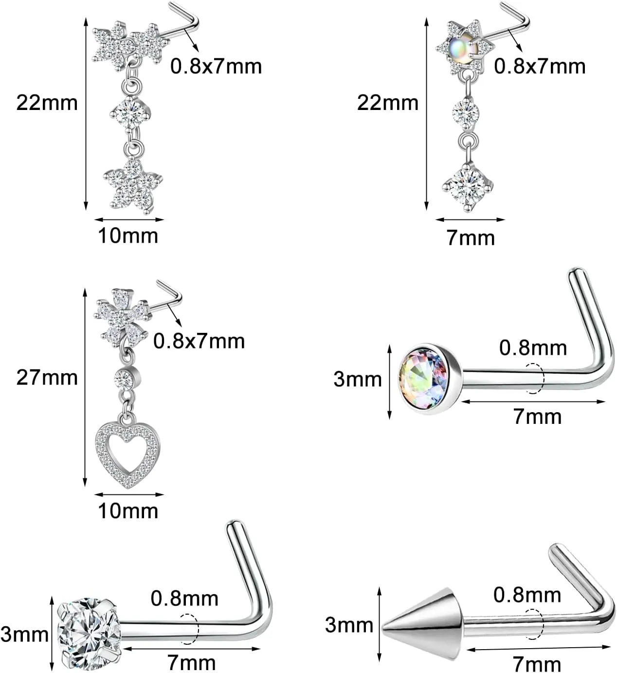 Nose Studs 20g Nose Stud L Shaped Diamond Nose Rings Stud for Women Surgical Steel Nose Rings Nose Screw Nose Piercing Stud Flower Heart Bow knot wing Nostril Jewelry Silver Gold