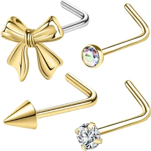 Nose Studs 20g Nose Stud L Shaped Diamond Nose Rings Stud for Women Surgical Steel Nose Rings Nose Screw Nose Piercing Stud Flower Heart Bow knot wing Nostril Jewelry Silver Gold