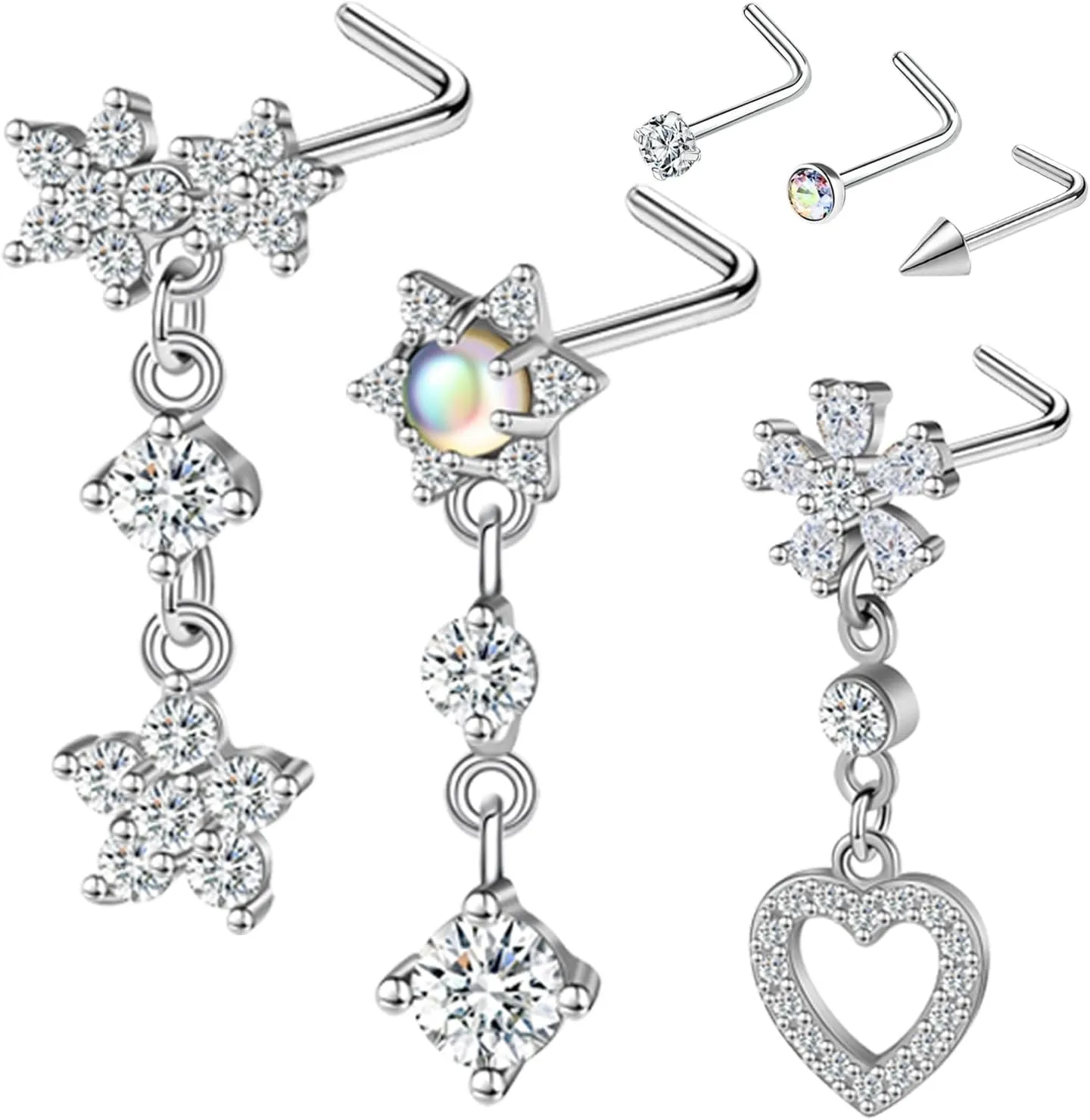 Nose Studs 20g Nose Stud L Shaped Diamond Nose Rings Stud for Women Surgical Steel Nose Rings Nose Screw Nose Piercing Stud Flower Heart Bow knot wing Nostril Jewelry Silver Gold