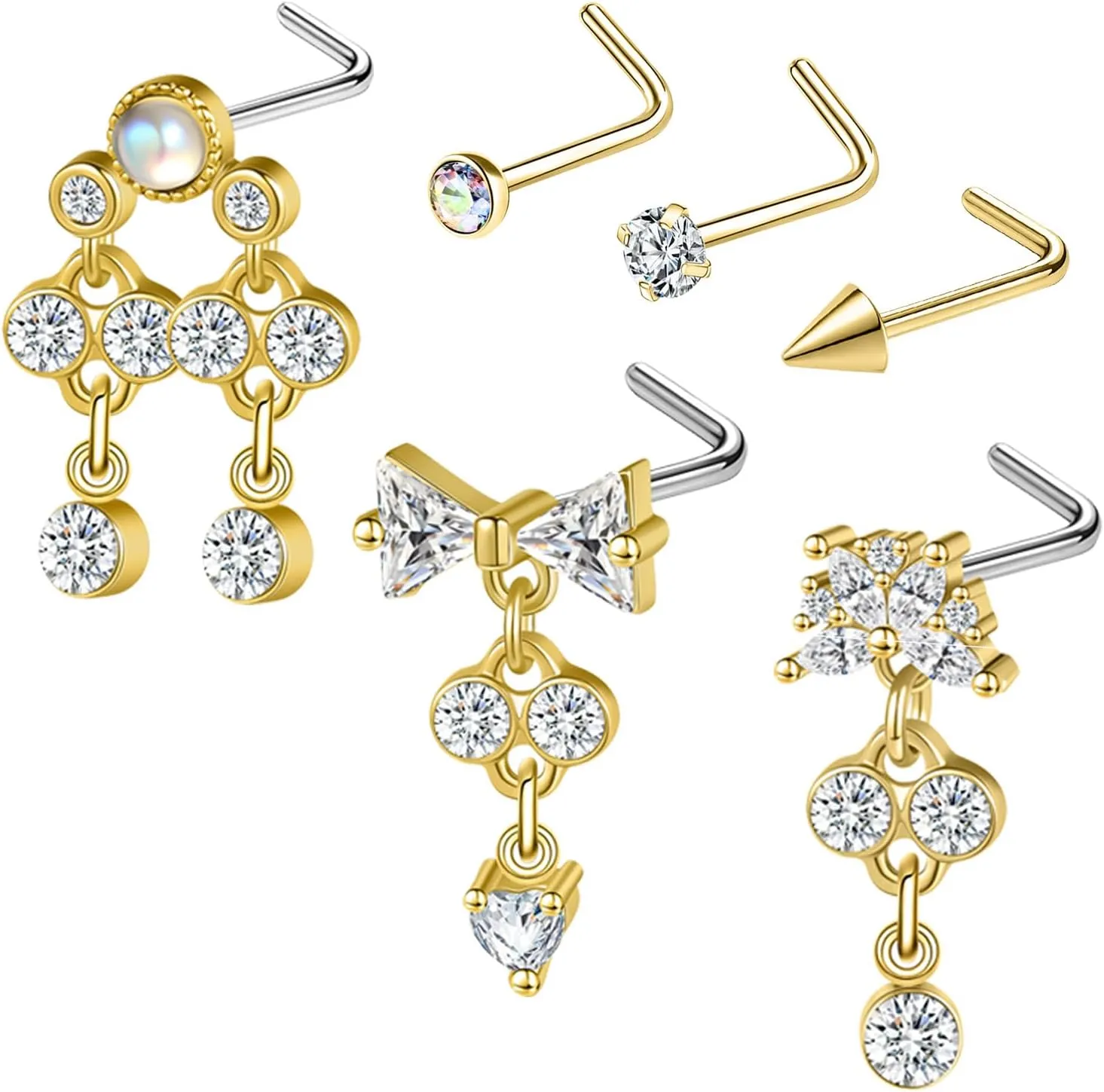 Nose Studs 20g Nose Stud L Shaped Diamond Nose Rings Stud for Women Surgical Steel Nose Rings Nose Screw Nose Piercing Stud Flower Heart Bow knot wing Nostril Jewelry Silver Gold