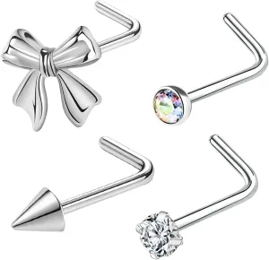 Nose Studs 20g Nose Stud L Shaped Diamond Nose Rings Stud for Women Surgical Steel Nose Rings Nose Screw Nose Piercing Stud Flower Heart Bow knot wing Nostril Jewelry Silver Gold