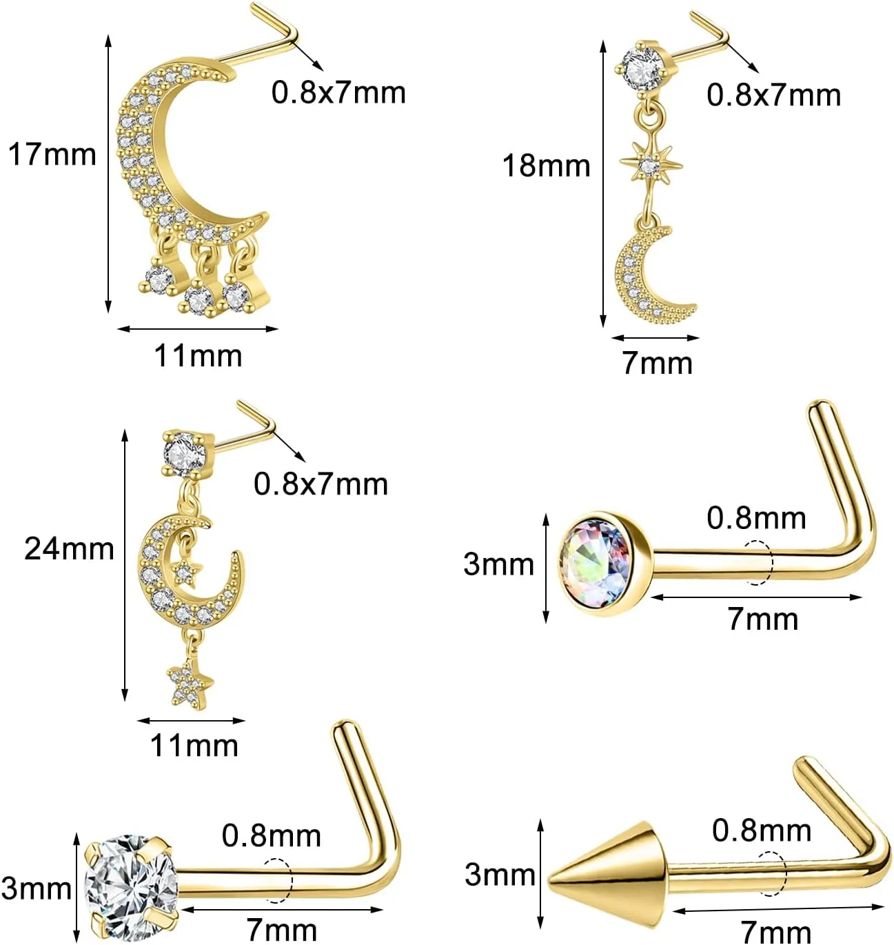Nose Studs 20g Nose Stud L Shaped Diamond Nose Rings Stud for Women Surgical Steel Nose Rings Nose Screw Nose Piercing Stud Flower Heart Bow knot wing Nostril Jewelry Silver Gold