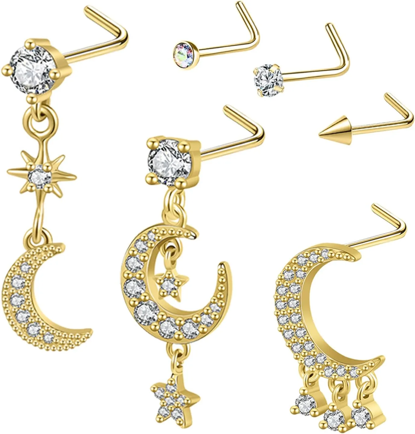 Nose Studs 20g Nose Stud L Shaped Diamond Nose Rings Stud for Women Surgical Steel Nose Rings Nose Screw Nose Piercing Stud Flower Heart Bow knot wing Nostril Jewelry Silver Gold