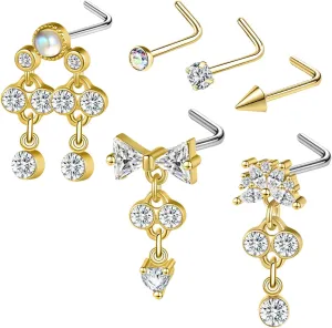 Nose Studs 20g Nose Stud L Shaped Diamond Nose Rings Stud for Women Surgical Steel Nose Rings Nose Screw Nose Piercing Stud Flower Heart Bow knot wing Nostril Jewelry Silver Gold