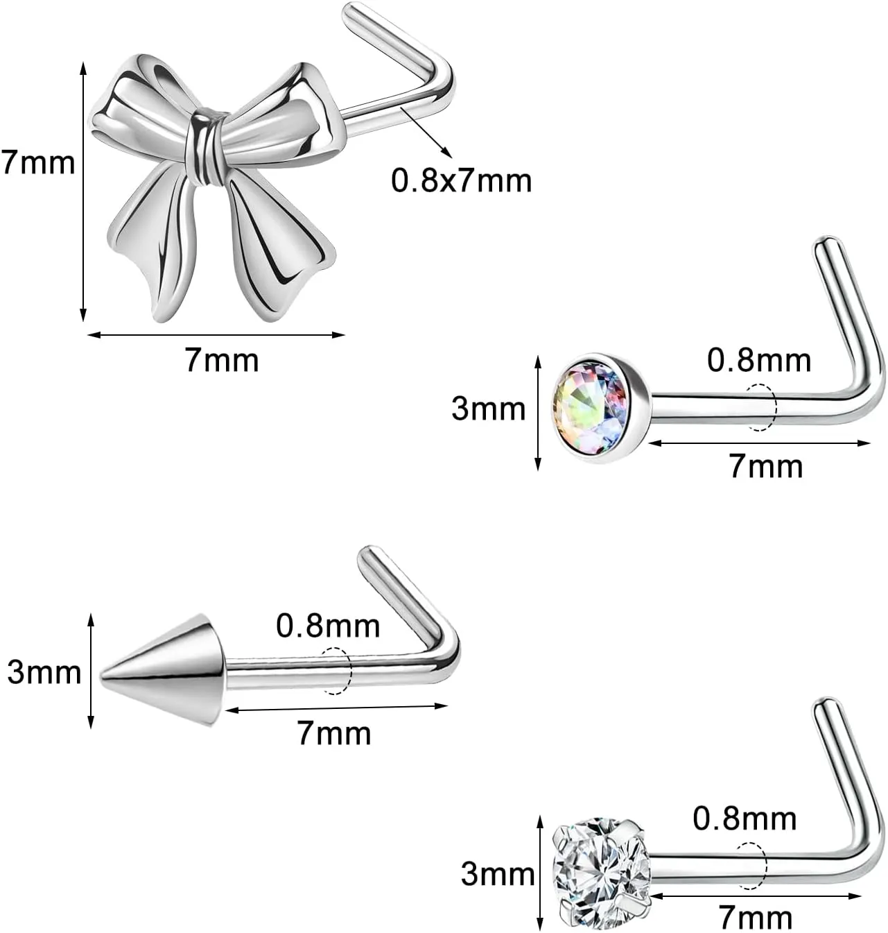 Nose Studs 20g Nose Stud L Shaped Diamond Nose Rings Stud for Women Surgical Steel Nose Rings Nose Screw Nose Piercing Stud Flower Heart Bow knot wing Nostril Jewelry Silver Gold