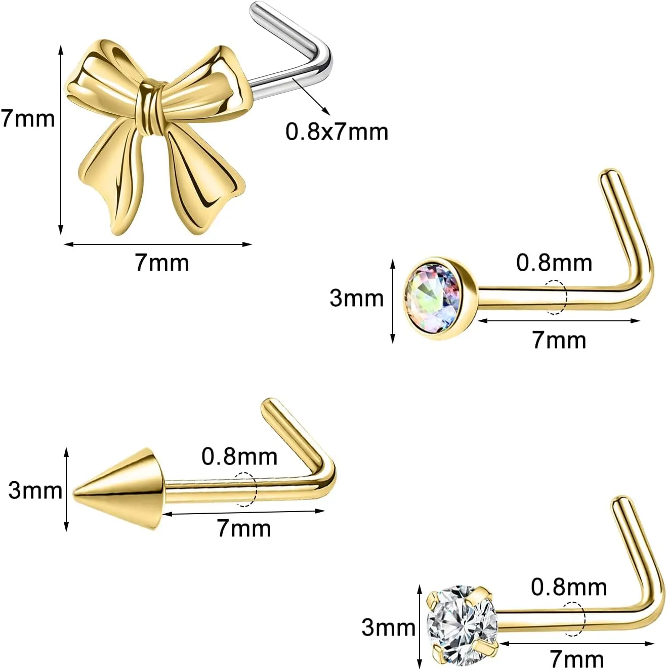 Nose Studs 20g Nose Stud L Shaped Diamond Nose Rings Stud for Women Surgical Steel Nose Rings Nose Screw Nose Piercing Stud Flower Heart Bow knot wing Nostril Jewelry Silver Gold