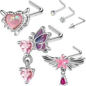 Nose Studs 20g Nose Stud L Shaped Diamond Nose Rings Stud for Women Surgical Steel Nose Rings Nose Screw Nose Piercing Stud Flower Heart Bow knot wing Nostril Jewelry Silver Gold