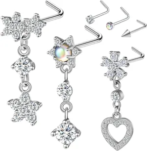 Nose Studs 20g Nose Stud L Shaped Diamond Nose Rings Stud for Women Surgical Steel Nose Rings Nose Screw Nose Piercing Stud Flower Heart Bow knot wing Nostril Jewelry Silver Gold