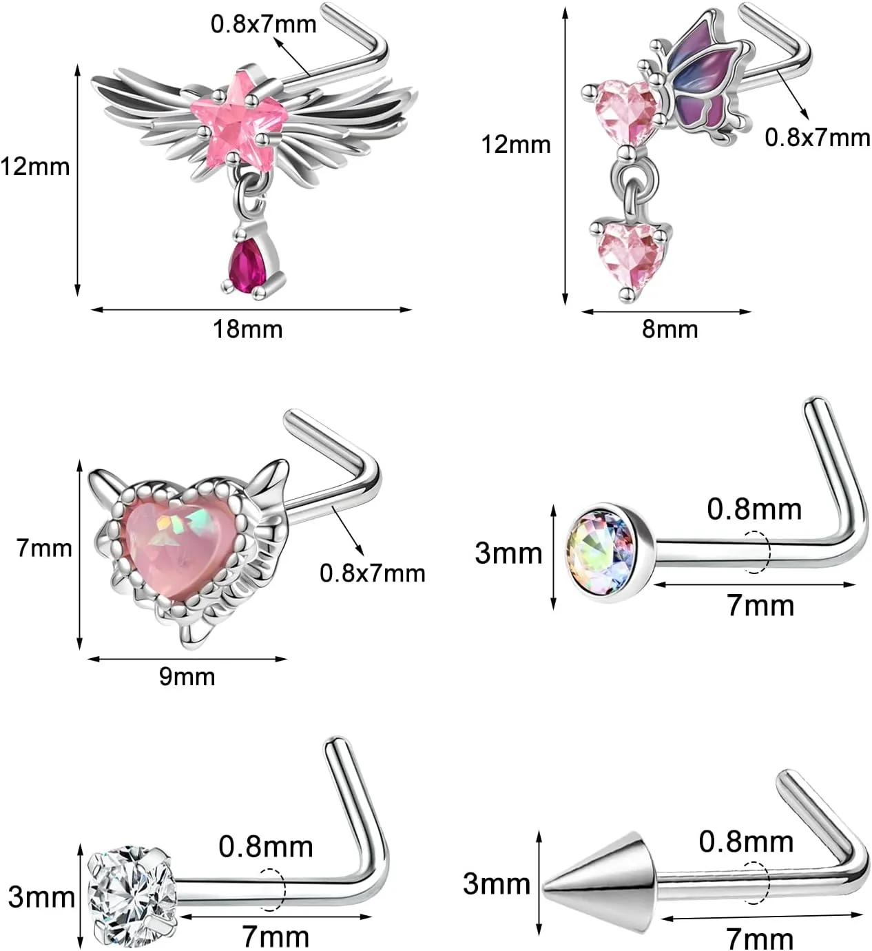 Nose Studs 20g Nose Stud L Shaped Diamond Nose Rings Stud for Women Surgical Steel Nose Rings Nose Screw Nose Piercing Stud Flower Heart Bow knot wing Nostril Jewelry Silver Gold