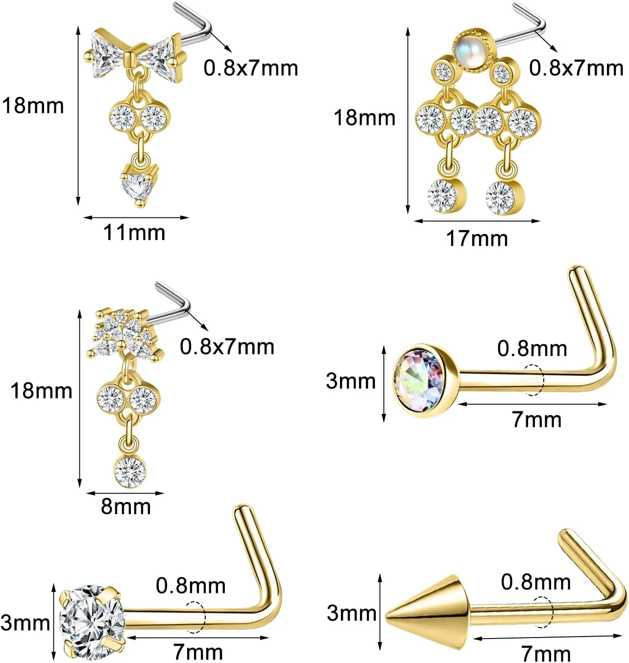 Nose Studs 20g Nose Stud L Shaped Diamond Nose Rings Stud for Women Surgical Steel Nose Rings Nose Screw Nose Piercing Stud Flower Heart Bow knot wing Nostril Jewelry Silver Gold