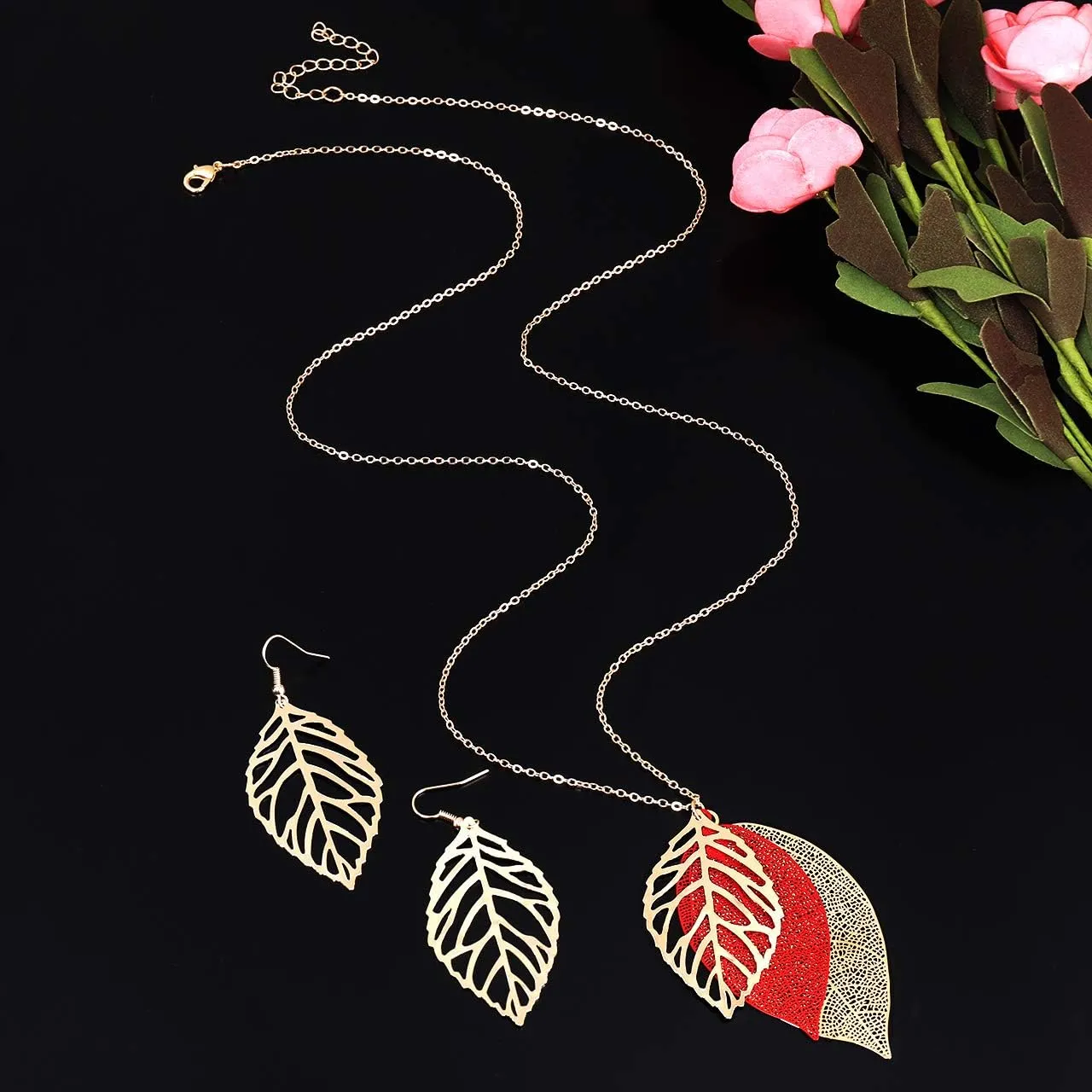NVENF Leaf Earrings and Long Necklaces Set for Women Boho Gold-tone Multi Tiered Leaves Delicate Chain Dangle Necklace SimpleLeaf Statement Dangling Earrings