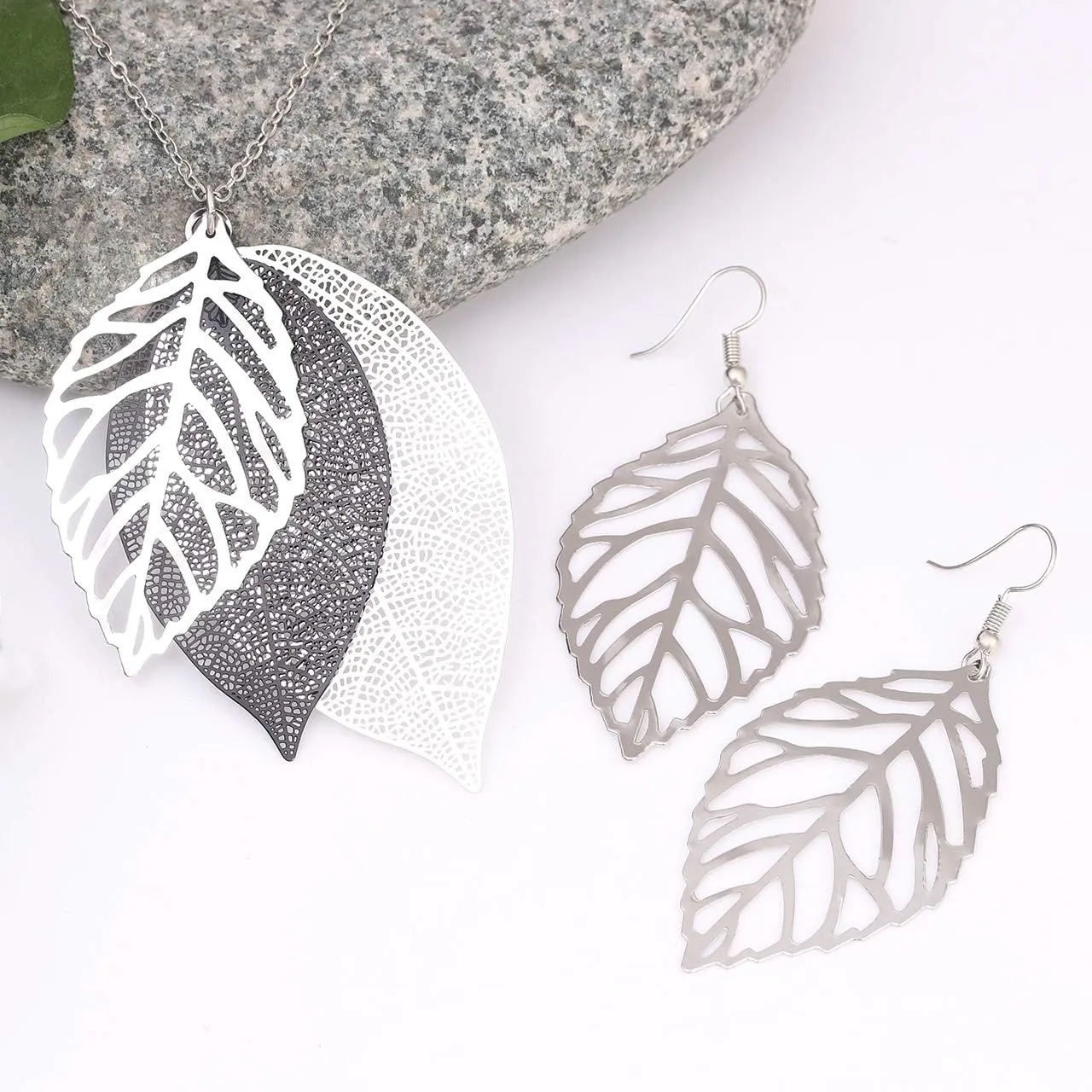 NVENF Leaf Earrings and Long Necklaces Set for Women Boho Gold-tone Multi Tiered Leaves Delicate Chain Dangle Necklace SimpleLeaf Statement Dangling Earrings