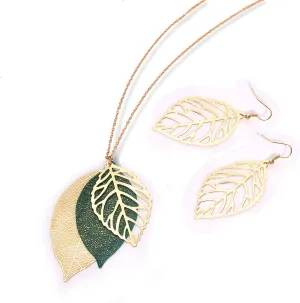 NVENF Leaf Earrings and Long Necklaces Set for Women Boho Gold-tone Multi Tiered Leaves Delicate Chain Dangle Necklace SimpleLeaf Statement Dangling Earrings