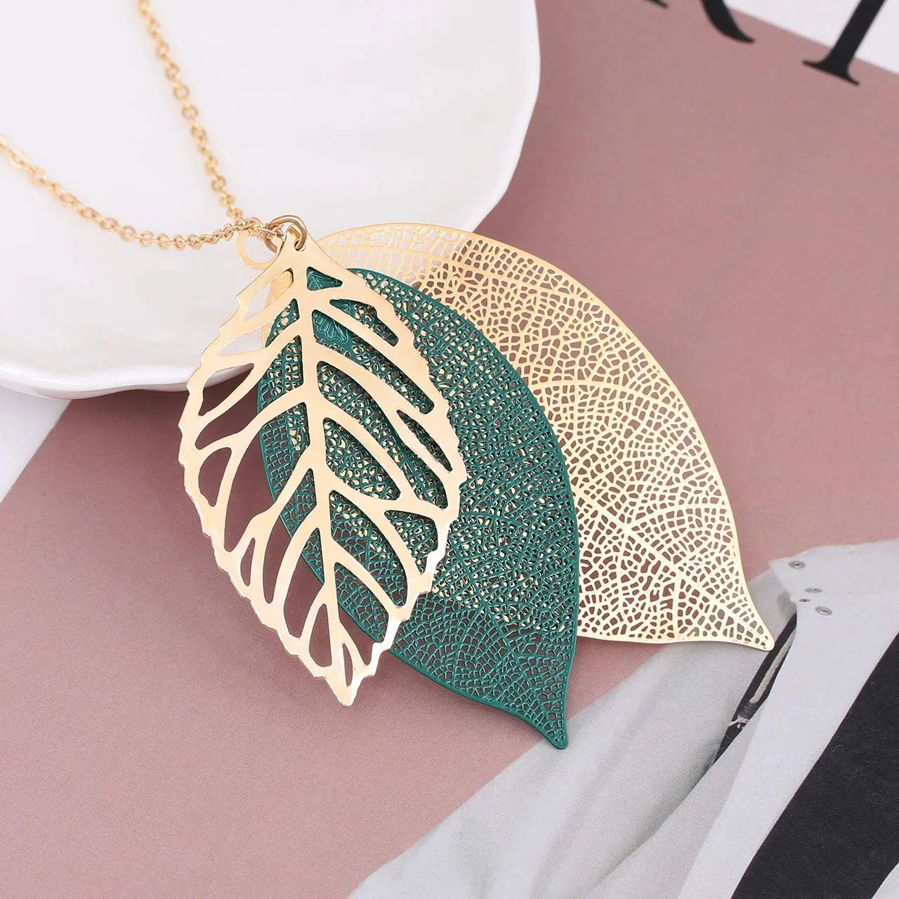 NVENF Leaf Earrings and Long Necklaces Set for Women Boho Gold-tone Multi Tiered Leaves Delicate Chain Dangle Necklace SimpleLeaf Statement Dangling Earrings