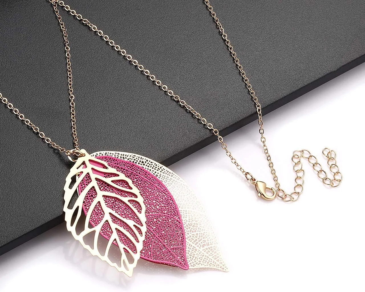NVENF Leaf Earrings and Long Necklaces Set for Women Boho Gold-tone Multi Tiered Leaves Delicate Chain Dangle Necklace SimpleLeaf Statement Dangling Earrings