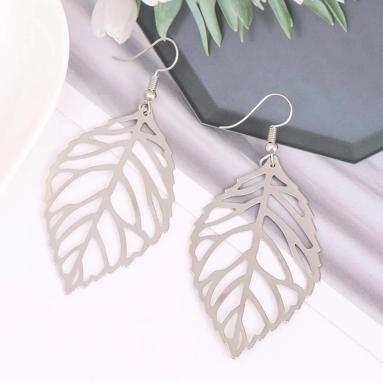 NVENF Leaf Earrings and Long Necklaces Set for Women Boho Gold-tone Multi Tiered Leaves Delicate Chain Dangle Necklace SimpleLeaf Statement Dangling Earrings