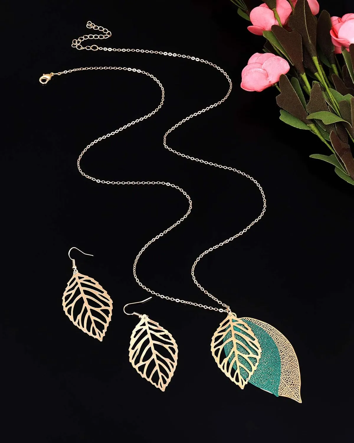 NVENF Leaf Earrings and Long Necklaces Set for Women Boho Gold-tone Multi Tiered Leaves Delicate Chain Dangle Necklace SimpleLeaf Statement Dangling Earrings