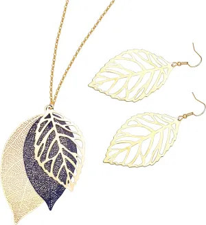 NVENF Leaf Earrings and Long Necklaces Set for Women Boho Gold-tone Multi Tiered Leaves Delicate Chain Dangle Necklace SimpleLeaf Statement Dangling Earrings