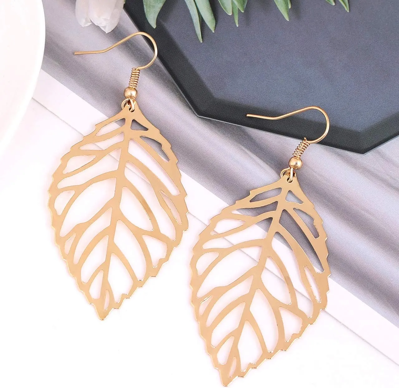 NVENF Leaf Earrings and Long Necklaces Set for Women Boho Gold-tone Multi Tiered Leaves Delicate Chain Dangle Necklace SimpleLeaf Statement Dangling Earrings