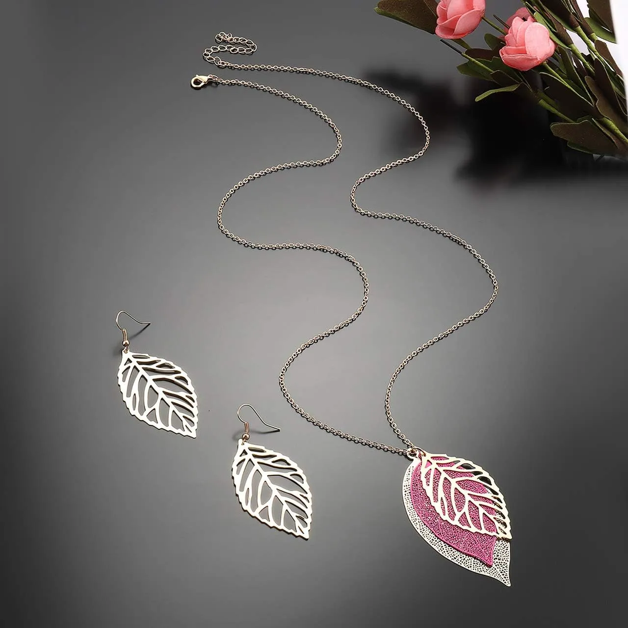NVENF Leaf Earrings and Long Necklaces Set for Women Boho Gold-tone Multi Tiered Leaves Delicate Chain Dangle Necklace SimpleLeaf Statement Dangling Earrings