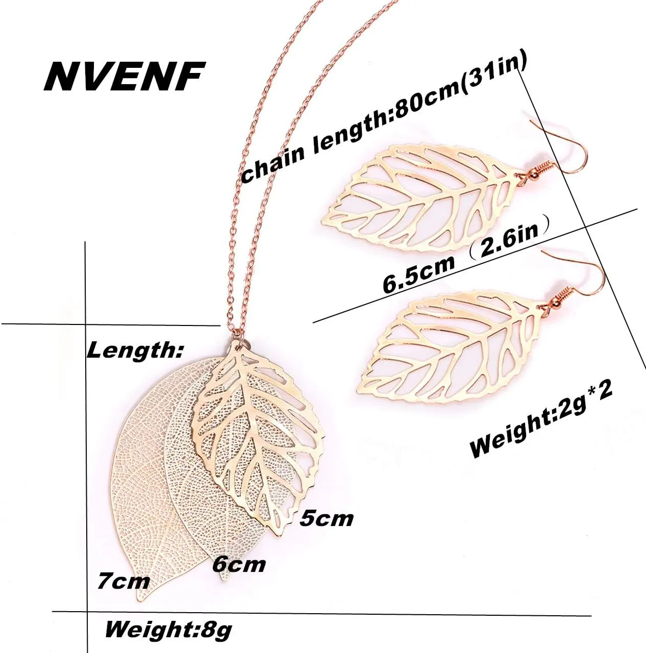 NVENF Leaf Earrings and Long Necklaces Set for Women Boho Gold-tone Multi Tiered Leaves Delicate Chain Dangle Necklace SimpleLeaf Statement Dangling Earrings