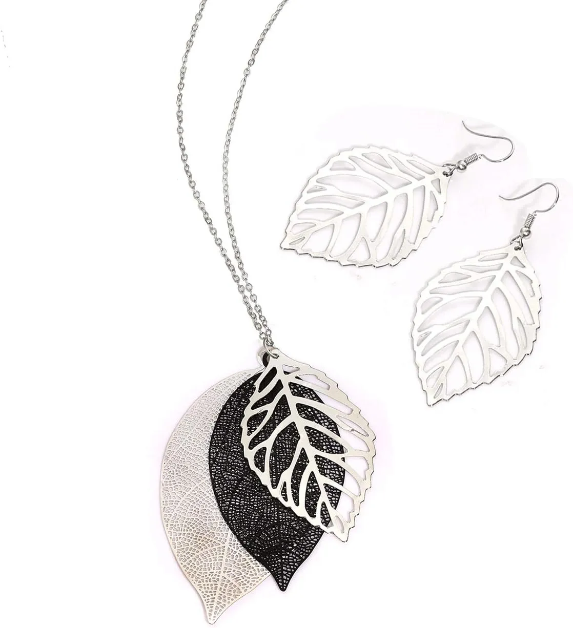 NVENF Leaf Earrings and Long Necklaces Set for Women Boho Gold-tone Multi Tiered Leaves Delicate Chain Dangle Necklace SimpleLeaf Statement Dangling Earrings