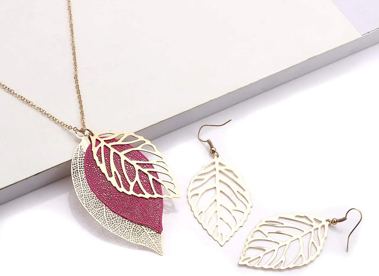 NVENF Leaf Earrings and Long Necklaces Set for Women Boho Gold-tone Multi Tiered Leaves Delicate Chain Dangle Necklace SimpleLeaf Statement Dangling Earrings