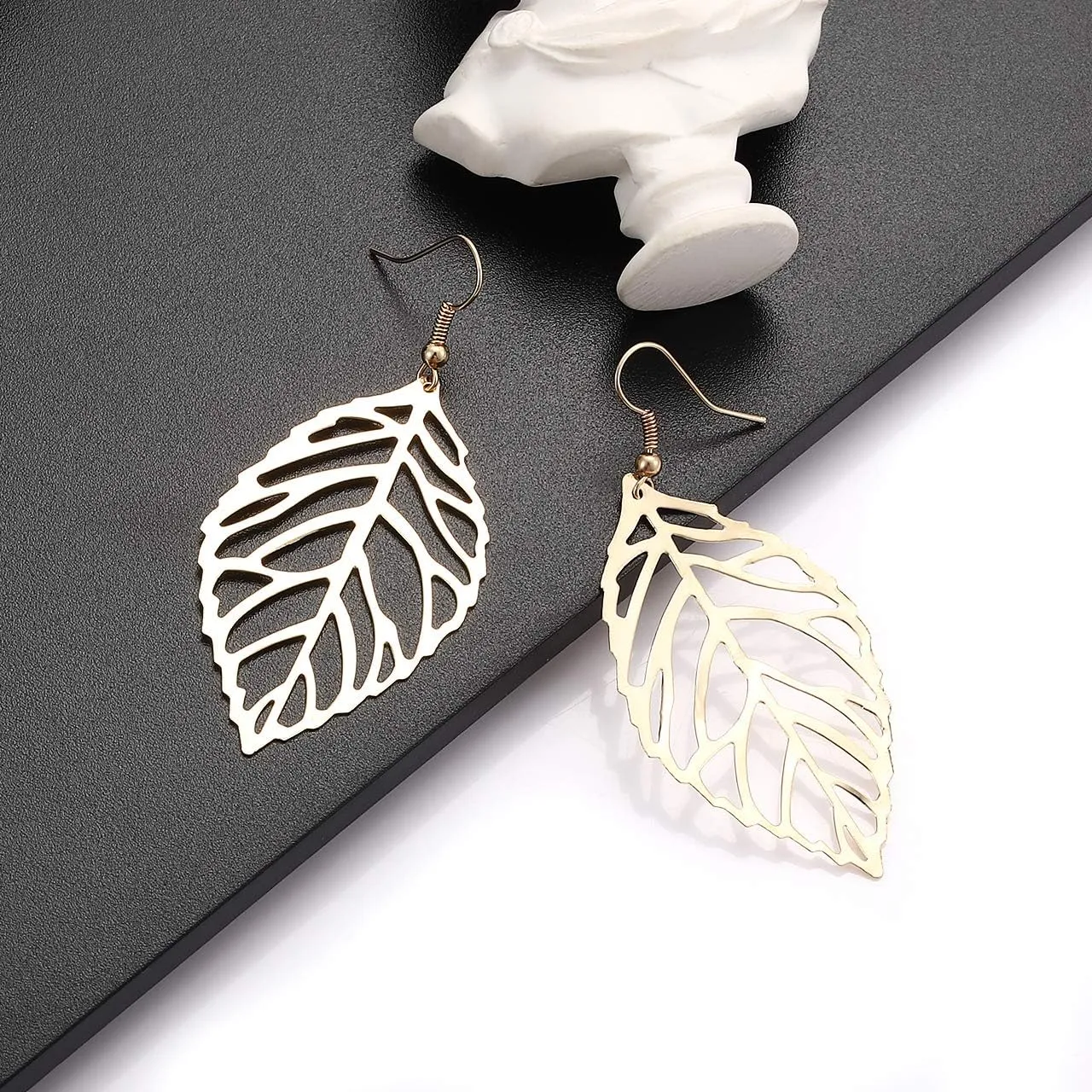 NVENF Leaf Earrings and Long Necklaces Set for Women Boho Gold-tone Multi Tiered Leaves Delicate Chain Dangle Necklace SimpleLeaf Statement Dangling Earrings
