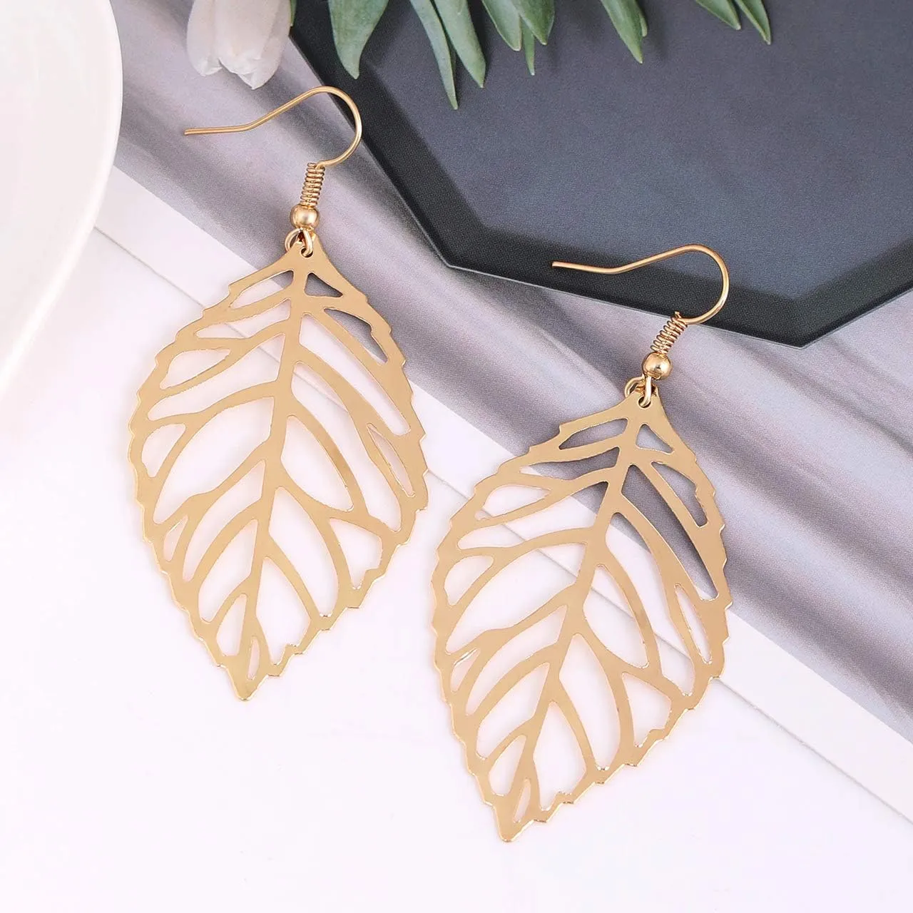 NVENF Leaf Earrings and Long Necklaces Set for Women Boho Gold-tone Multi Tiered Leaves Delicate Chain Dangle Necklace SimpleLeaf Statement Dangling Earrings